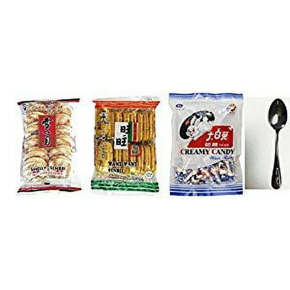 NineChef Bundle - Want Want Big Shelly Shenbei Snowy Crispy Rice Cracker Biscuits = Want-Want Senbei Rice Crackers 92g(3.28oz) + White Rabbit Creamy Candy 6.3 Oz (180 Gram) + 1 NineChef ChopStick