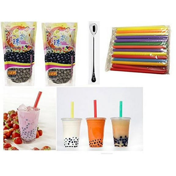 NineChef Bundle - WuFuYuan - Black Tapioca Pearl 8.8 Oz (2 bag) + 50 Extra wide Fat Boba Drinking Straw + One NineChef Spoon Per Order