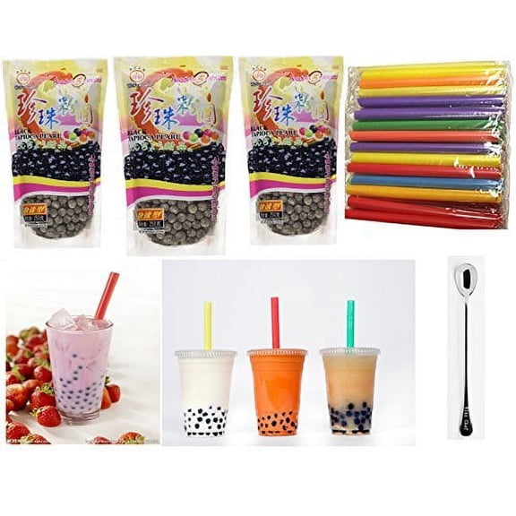 NineChef Bundle - WuFuYuan - Black Tapioca Pearl 8.8 Oz (3 bag) + 35 Extra wide Fat Boba Drinking Straw + One NineChef Spoon Per Order
