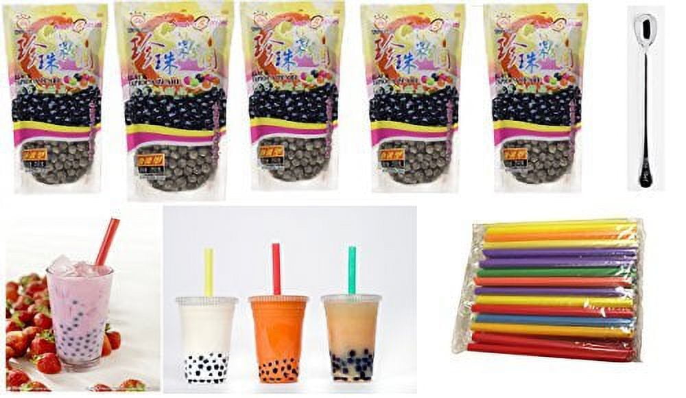 NineChef Bundle - WuFuYuan - Black Tapioca Pearl 8.8 Oz (5 bag) + 35 Extra wide Fat Boba Drinking Straw + One NineChef Spoon Per Order