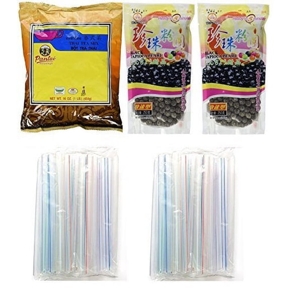 NineChef Bundle - WuFuYuan Collection of 2 BOBA Tapioca Pearls for Bubble Tea + 1 Thai Tea Powder + 35 NineChef Brand Boba Jumbo Straws