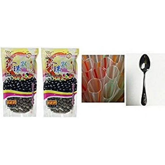 NineChef Bundle - WuFuYuan - Tapioca Pearl Black 8.8 Oz + 35 Count EXTRA WIDE Fat Boba Drinking Straw 8 1/2" Striped + One NineChef Spoon