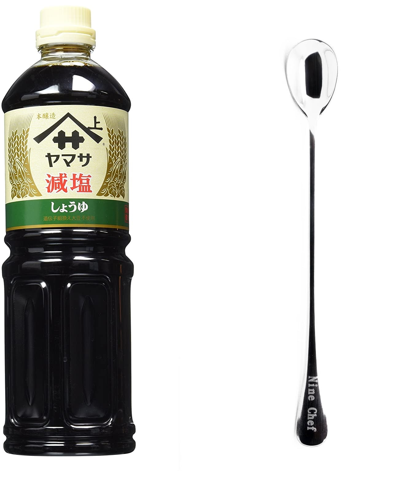 NineChef Bundle - Yamasa - Less Salt Soy Sauce. Low Sodium, Preservative Free, Kosher Premium Soy Sauce 34 fl. oz ( Pack 3) + 1 NineChef Spoon