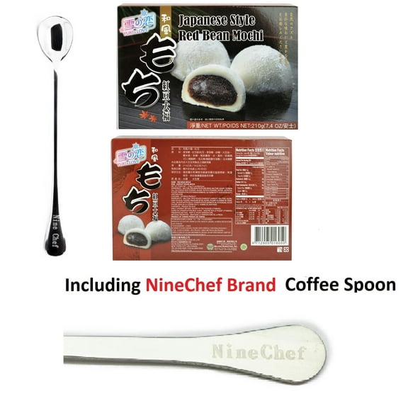 NineChef Bundle - Yuki Love Japanese Rice Cake Mochi Daifuku (Red Bean Flavor Pack 1) Plus NineChef Brand Long Handle Spoon