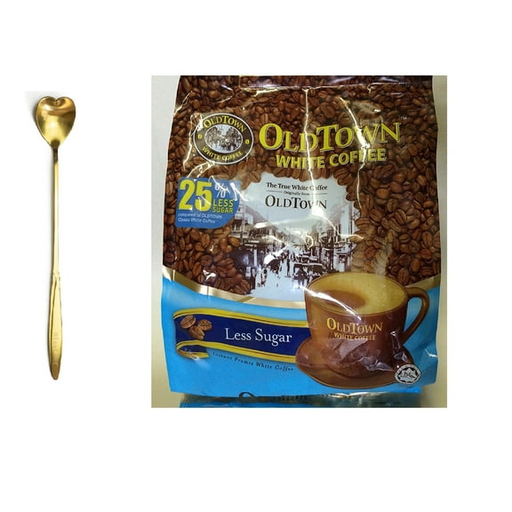 NineChef Bundle - old town instant premix white coffee less sugar 525G 15 STICKS(pack of 1)+ 1 NineChef Golden Heart Coffee Spoon