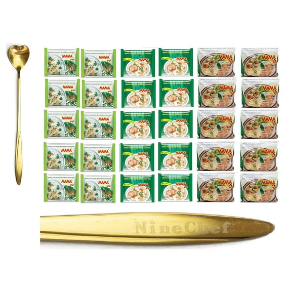 NineChef Mama Bundle - NineChef Spoon Plus Mama Instant Noodle Mix Flavor 3 different types of noodles (Flat Noodle, Rice Vermicelli, and Chand Noodle) 3 Flavor, 10 bags each Flavor, total of 30 bags