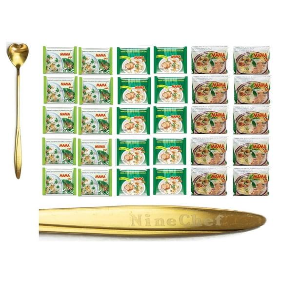 NineChef Mama Bundle - NineChef Spoon Plus Mama Instant Noodle Mix Flavor 3 different types of noodles (Flat Noodle, Rice Vermicelli, and Chand Noodle) 3 Flavor, 10 bags each Flavor, total of 30 bags