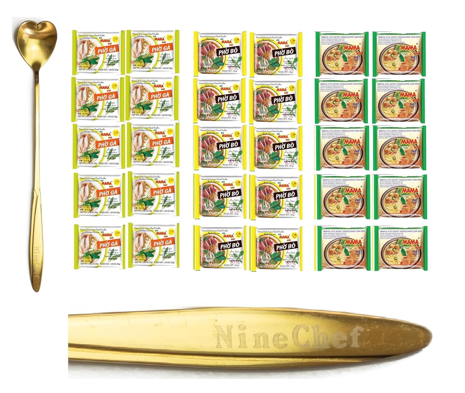 NineChef Mama Bundle - NineChef Spoon Plus Mama Oriental Style Instant Noodle Mix Flavor (Pho Ga Chicken Flavor, Pho Bo Beef Flavor, and Pho Chand Clear Soup) 3 flavors 10 bags each total 30 bags