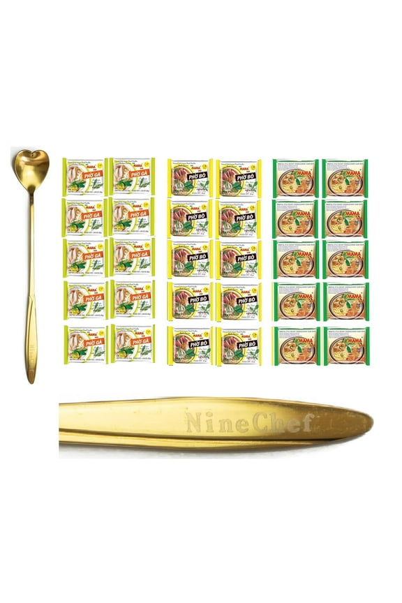 Mama Bundle - NineChef Spoon Plus Mama Oriental Style Instant Noodle Mix Flavor (Pho Ga Chicken Flavor, Pho Bo Beef Flavor, and Pho Chand Clear Soup) 3 flavors 10 bags each total 30 bags