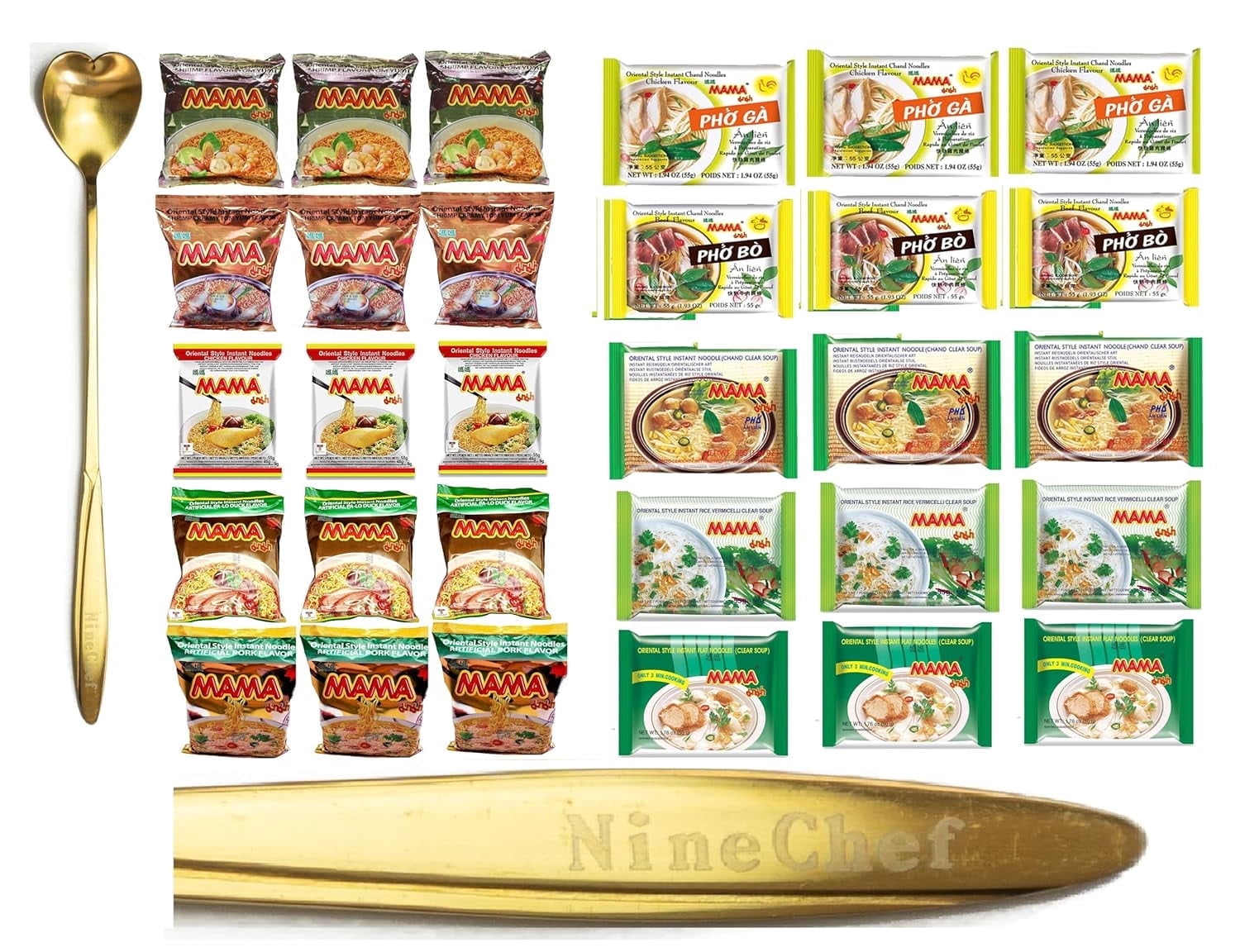 NineChef Mama - Spoon Plus Mama Instant Noodle(shrimp,shrimp creamy, PA-lo Duck, Chicken, Pork, Chand, Flat Noodle, Rice Vermicelli, Pho Ga Chicken, Pho Bo Beef ) 10 flavors 3 bags each total 30 bags