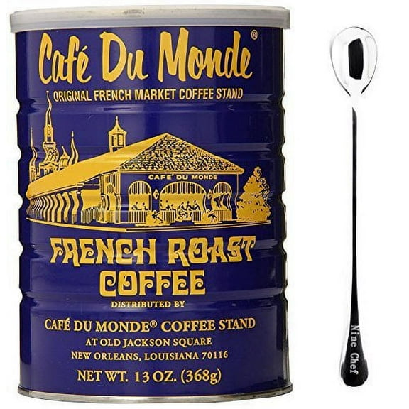 NineChef Set- Cafe Du Monde French Roast Coffee Net Wt. 13 oz (Pack of 12 One Case) Plus NineChef Golden Heart Long Handle Ice Tea Coffee Spoon