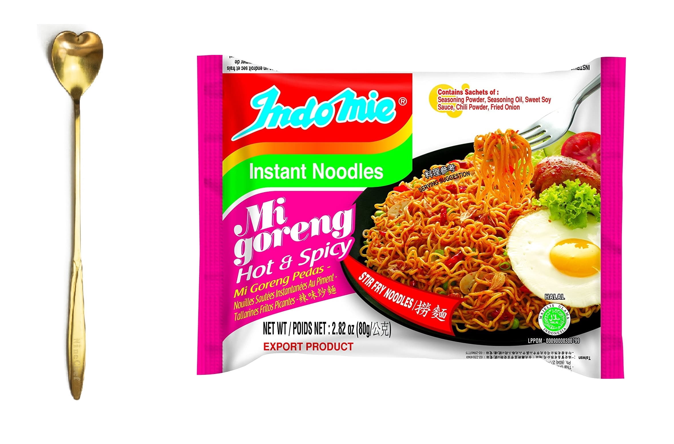 NineChef Set - Indomie Mi Goreng Instant Stir Fry Noodles, Halal Certified,Hot & Spicy, Flavor,Pack 30 Plus NineChef Brand Golden Heart Ice Tea Coffee Long Handel Spoon