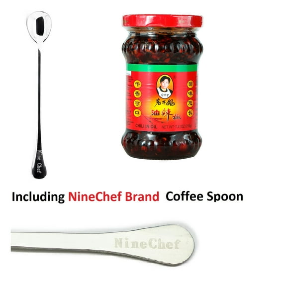 NineChef Set - Lao Gan Ma (LaoGanMa) Chili in Oil (Chili Oil Sauce 7.41oz ) (Pack 1) Plus NineChef Brand Golden Heart Ice Tea Coffee Long Handel Spoon