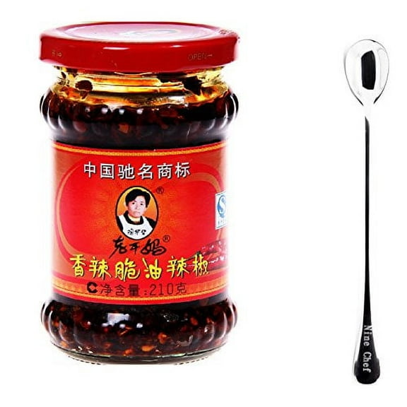 NineChef Set - Lao Gan Ma Spicy Chili Crisp (Pack 3) Spicy Chinese Chili Oil Hot Sauce with Roasted Chili Pepper Flakes 7.41oz 210g Plus NineChef Brand Golden Heart Ice Tea Coffee Long Handel Spoon