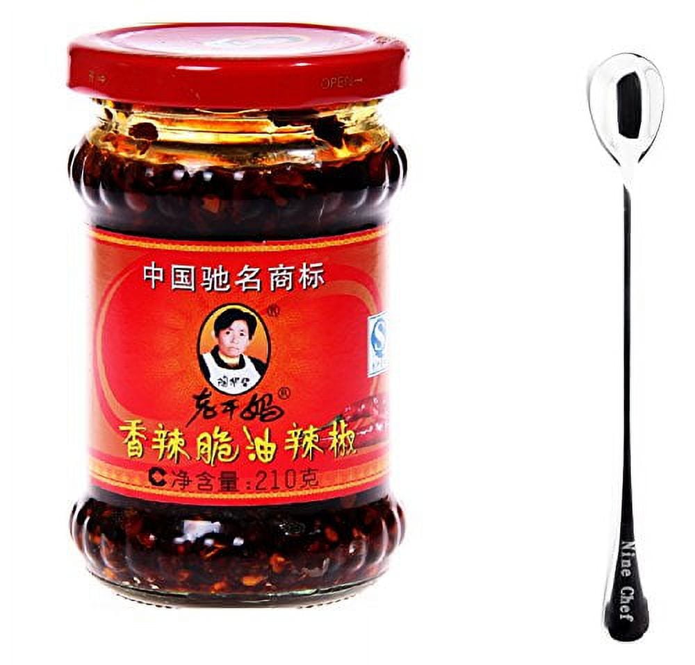 NineChef Set - Lao Gan Ma Spicy Chili Crisp (Pack 6) Spicy Chinese Chili Oil Hot Sauce with Roasted Chili Pepper Flakes 7.41oz 210g Plus NineChef Brand Golden Heart Ice Tea Coffee Long Handel Spoon
