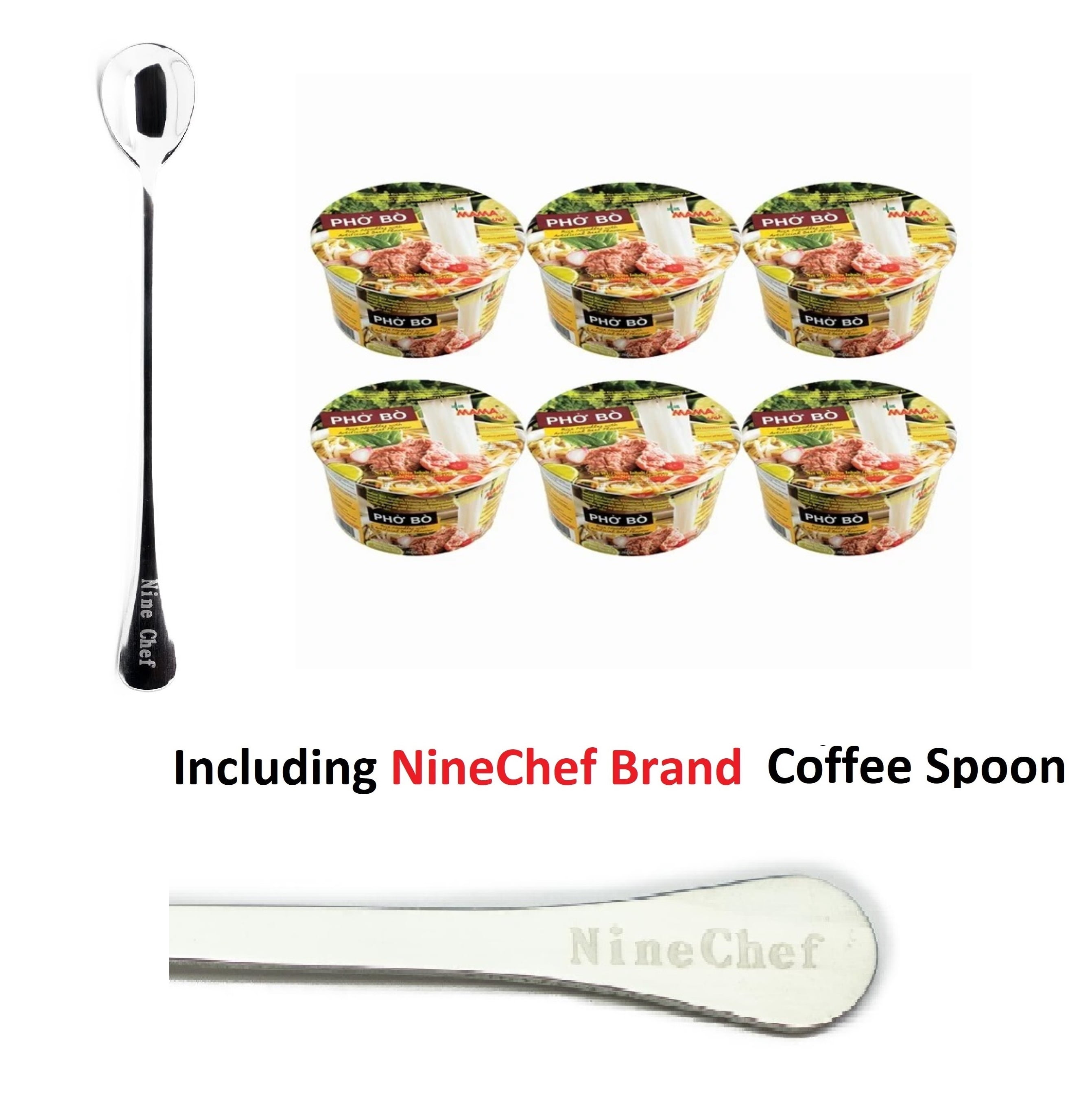NineChef Set - MAMA Instant Bowl of Noodles with Delicious Thai Flavors (Pho Bo Artificial Beef Flavor, 6 Pack )plus NineChef Brand Spoon