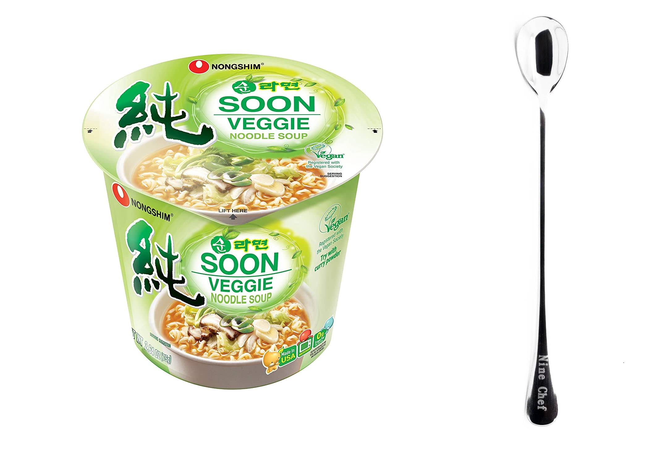 NineChef Set - Nongshim Cup Noodle Soup, (Soon Veggie Pack of 6) Plus NineChef Brand Long Handle Spoon