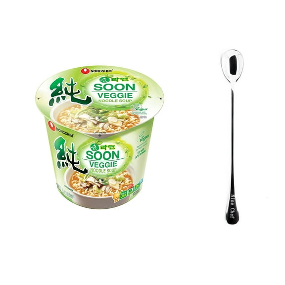 NineChef Set - Nongshim Cup Noodle Soup, (Soon Veggie Pack of 6) Plus NineChef Brand Long Handle Spoon