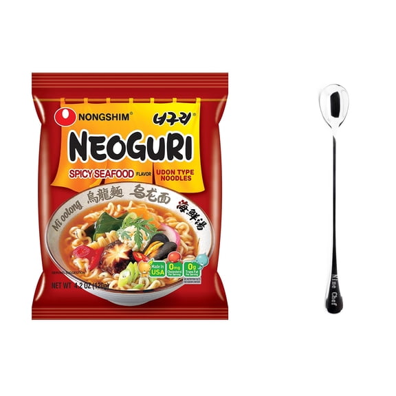 NineChef Set - Nongshim Neoguri Spicy Seafood with Udon-Style Noodle(Neoguri Flavor, 5 Pack) plus NineChef Brand Long Handle Spoon