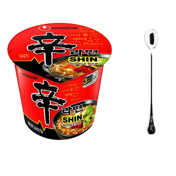 NineChef Set - Nongshim Shin Cup Noodle Soup, Gourmet Spicy (Pack of 6) Plus NineChef Brand Long Handle Spoon