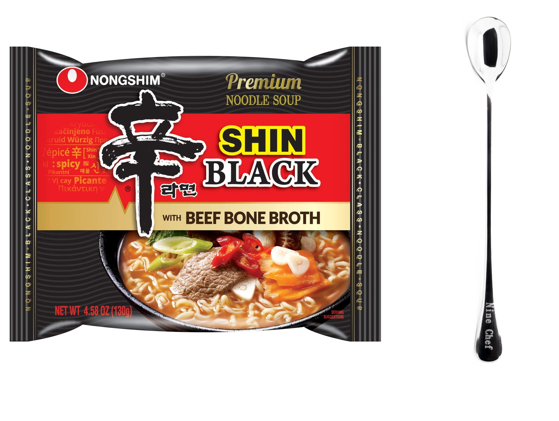 NineChef Set - Nongshim Shin Ramen Ramyun Black - Premium Noodle Soup (10 bags) plus NineChef Brand Long Handle Spoon