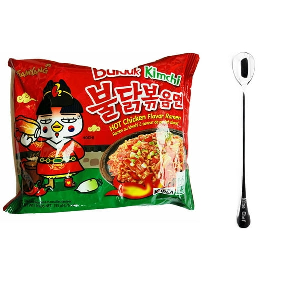 NineChef Set - Samyang Ramen Chicken Roasted Noodles Kimchi Flavor, 5 Pack) Plus one NineChef Brand long handle Spoon