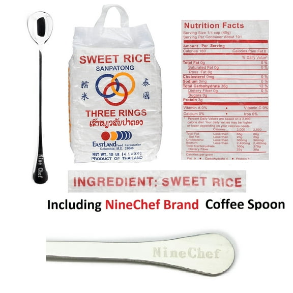 NineChef Spoon Plus Three Rings Thai Sticky Rice Sweet Rice ( (10 Lbs) Pack 1