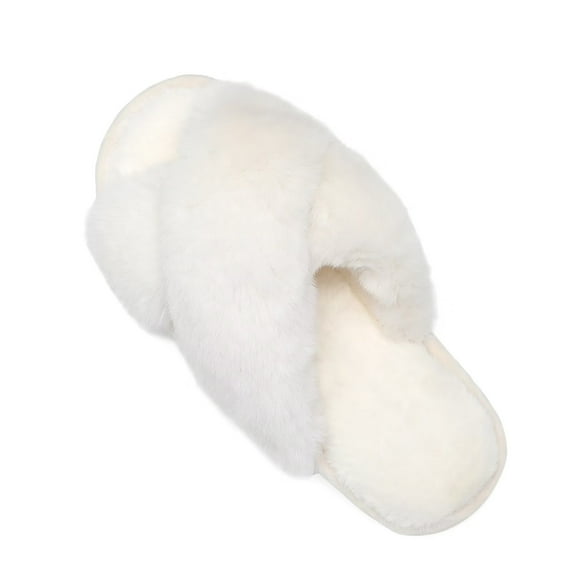 NineCiFun Women's Fuzzy Slippers Slip on Cross Band Slippers Memory Foam House Slippers Open Toe Sandals for Outdoor Indoor,Cream,Size 7-8US