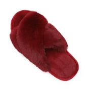 NineCiFun Women's Fuzzy Slippers Slip on Cross Band Slippers Memory Foam House Slippers Open Toe Sandals for Outdoor Indoor，Red，Size 7-8US