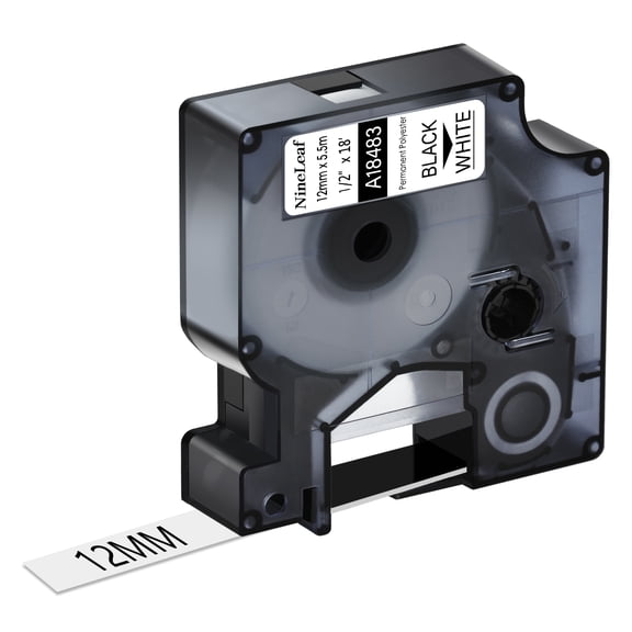 NineLeaf 1 Pack Compatible for DYMO 18483 1/2'' 12mm Black on White Permanent Polyester Label Tape