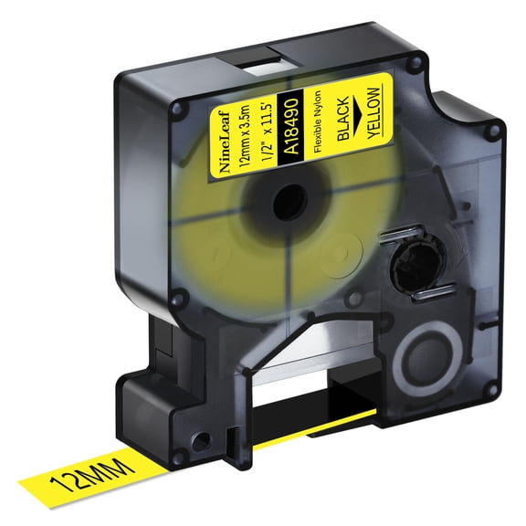 NineLeaf 1 Pack Compatible for DYMO 18490 1/2'' x 11 1/2 ft Black on Yellow Flexible Nylon Industrial Label Tape