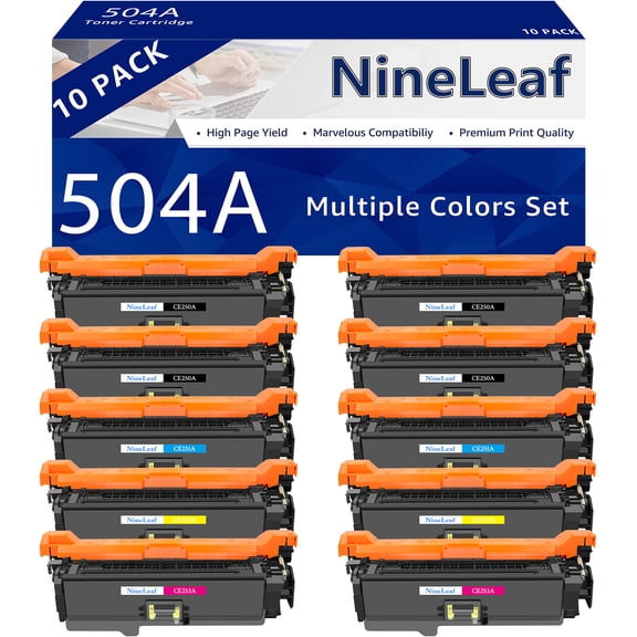 NineLeaf 10 Pack 504A Compatible Toner Cartridge Replacement for HP CE250A CE251A CE252A CE253A Work for Color Laser Jet CM3530 CP3525 CM3530fs CP3525dn CP3525n Printer (Black Cyan Yellow Magenta)