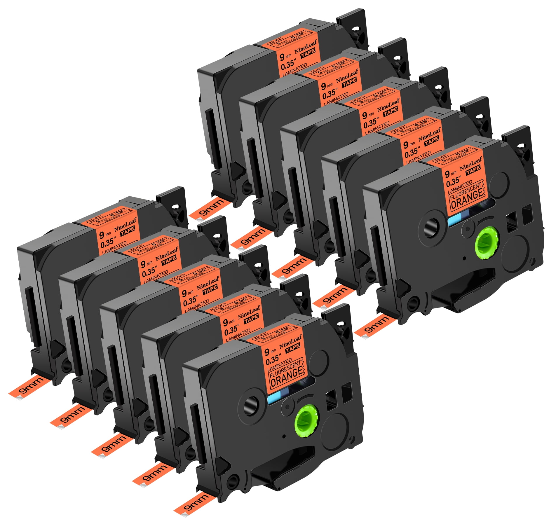 NineLeaf 10 Pack Compatible for Brother P-touch TZe-B21 TZ-B21 9mm 3/8'' Black on Fluo Orange Laminated TZe TZ Label Tape 0.35" x 16.4ft