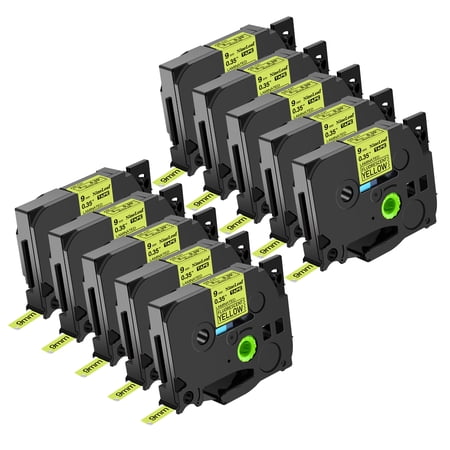 NineLeaf 10 Pack Compatible for Brother P-touch TZe-C21 TZ-C21 9mm 3/8'' Black on Fluo Yellow Laminated TZe TZ Label Tape 0.35" x 16.4ft