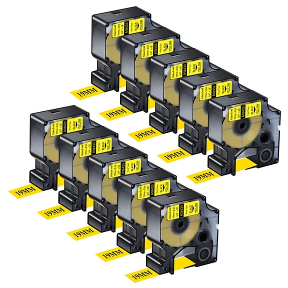 NineLeaf 10PK Compatible for DYMO 18433 3/4" x 18' (19mm x 5.5m) Black on Yellow Industrial Vinyl Label Maker Tape for Rhino 4200 5200 Label Maker