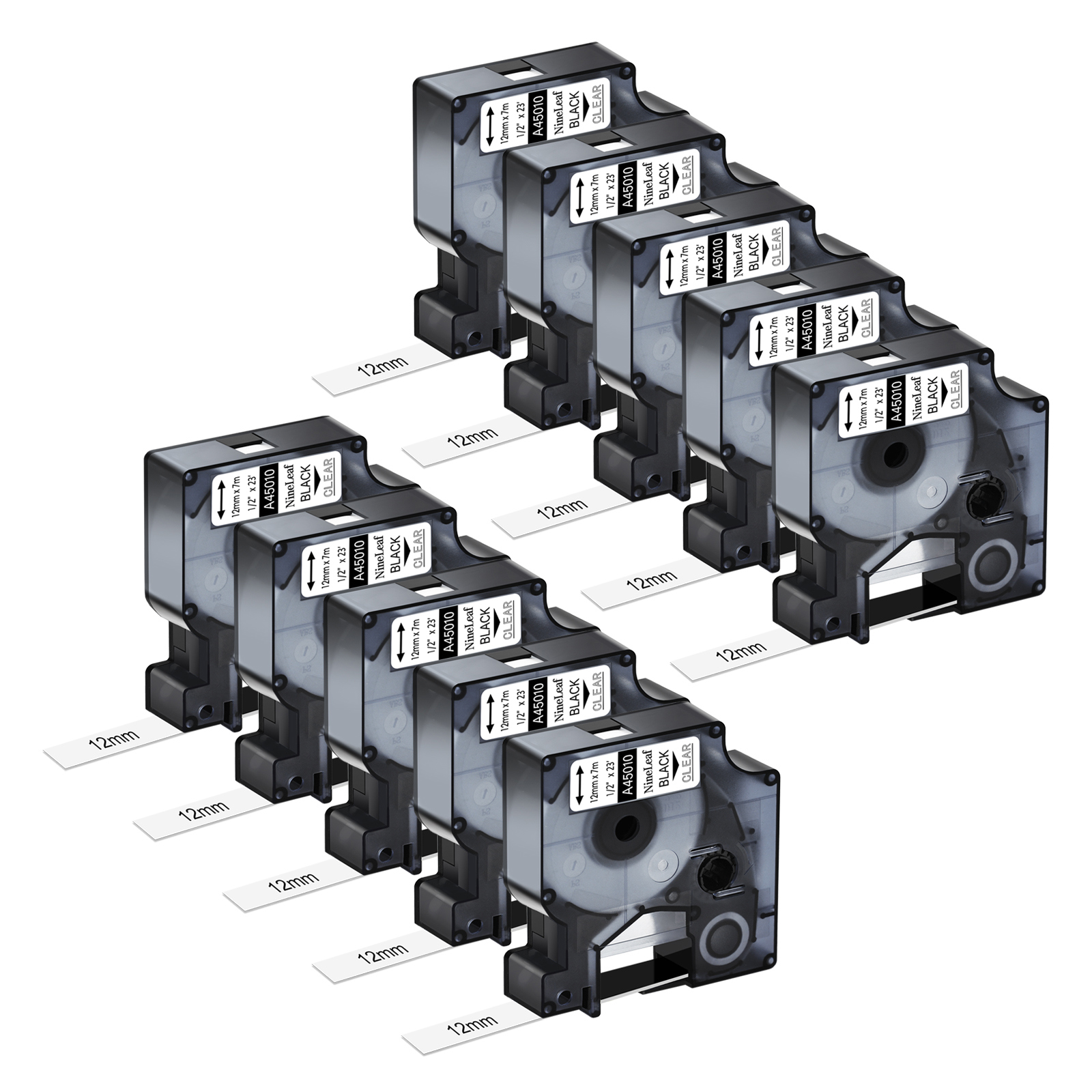 NineLeaf 10PK Compatible for DYMO D1 45010 1/2" x 23' (12mm x 7m) Black on Clear Label Maker Tape for Label Manager 100 120P 160 210D