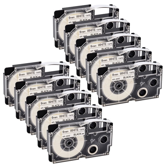 NineLeaf 10PK Compatible for XR-9WE XR9WE 9mm 3/8'' Black on White Label Tape for KL-750 KL-60 KL-100 KL-120 KL-430 KL-780 KL-7200 Label Printer
