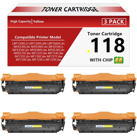 NineLeaf 118 CRG118 High Yield Replacement Compatible for Canon 118 CRG118 CRG118Y Yellow Toner Cartridge Work on MF8580Cdw MF8380Cdw MF8350Cdn MF726Cdw LBP622Cdw MF641Cw MF644 Printer(4 Pack