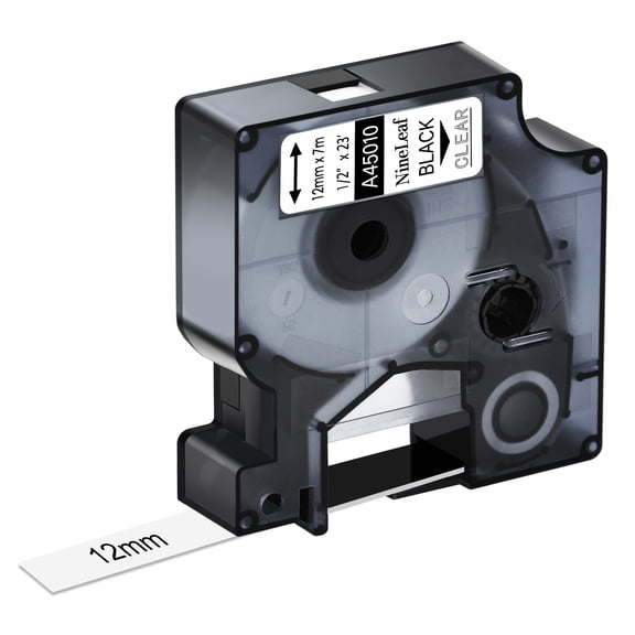 NineLeaf 1PK Compatible for DYMO D1 45010 1/2" x 23' (12mm x 7m) Black on Clear Label Maker Tape for Label Manager 100 120P 160 210D