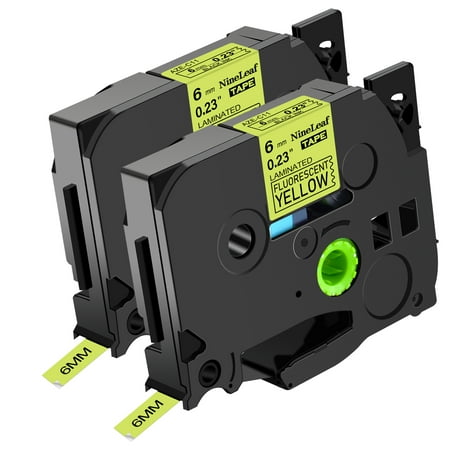 NineLeaf 2 Pack Compatible for Brother P-touch TZe-C11 TZ-C11 6mm 1/4'' Black on Fluo Yellow Laminated TZe TZ Label Tape 0.23" x 16.4ft