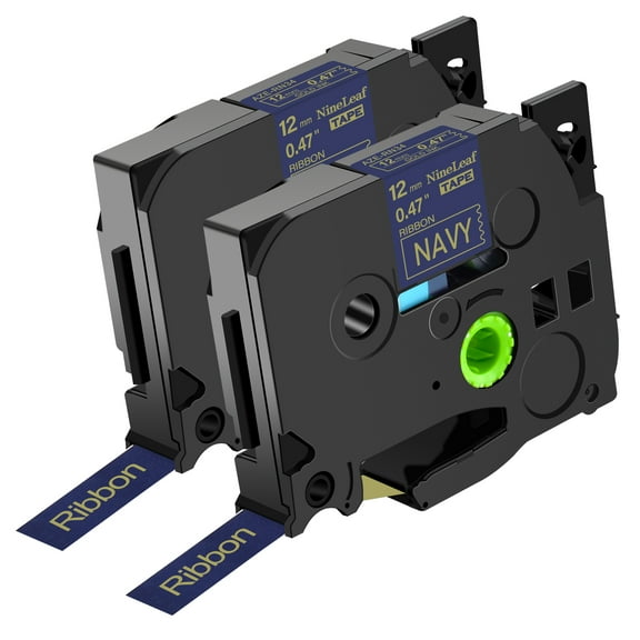 NineLeaf 2 Pack Compatible for Brother P-touch TZe-RN34 TZ-RN34 12mm 1/2'' Gold on Navy Satin Fabric Ribbon TZe TZ Label Tape 0.47" x 13ft