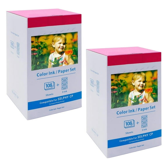 NineLeaf 2 Set Compatible for Canon Selphy CP1500 CP1300 KP-108IN KP108 3 Color Ink Cartridge and 108 Sheets 4x6 Photo Paper