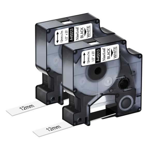 NineLeaf 2PK Compatible for DYMO D1 45013 45113 S0720530 1/2" x 23' (12mm x 7m) Black on White Label Maker Tape for Label Manager 100 120P 160 210D