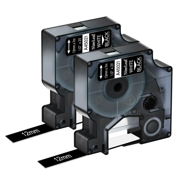 NineLeaf 2PK Compatible for DYMO D1 45021 1/2" x 23' (12mm x 7m) White on Black Label Maker Tape for Label Manager 100 120P 160 210D