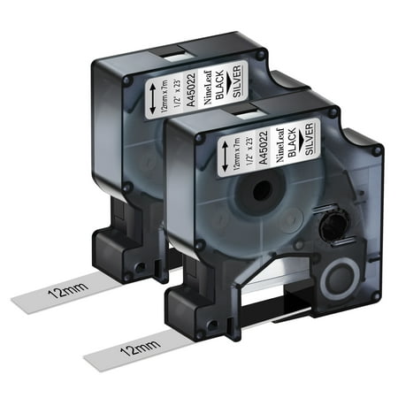 NineLeaf 2PK Compatible for DYMO D1 45022 1/2" x 23' (12mm x 7m) Black on Silver Label Maker Tape for Label Manager 100 120P 160 210D