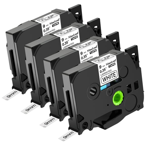 NineLeaf 4 Pack Compatible for Brother P-touch TZe-221 TZe221 TZ-221 TZ221 9mm 3/8 White Laminated Label Tape 0.35" x 26.2 ft (9mm x 8m)