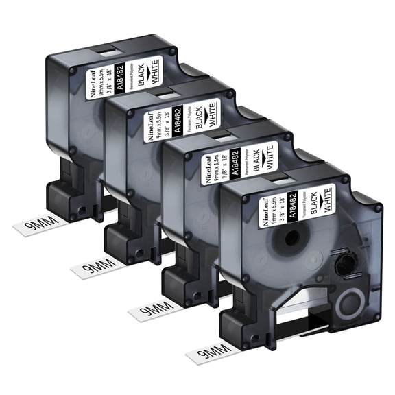 NineLeaf 4 Pack Compatible for DYMO 18482 3/8'' 9mm Black on White Permanent Polyester Label Tape
