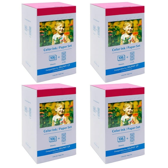 NineLeaf 4 Set Compatible for Canon Selphy CP1500 CP1300 KP-108IN KP108 3 Color Ink Cartridge and 108 Sheets 4x6 Photo Paper