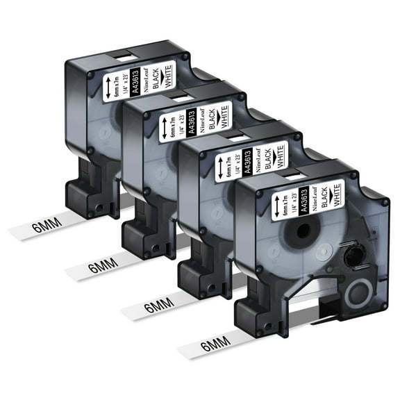 NineLeaf 4PK Compatible for DYMO D1 43613 1/4" x 23' (6mm x 7m) Black on White Label Maker Tape for Label Manager 100 120P 160 210D