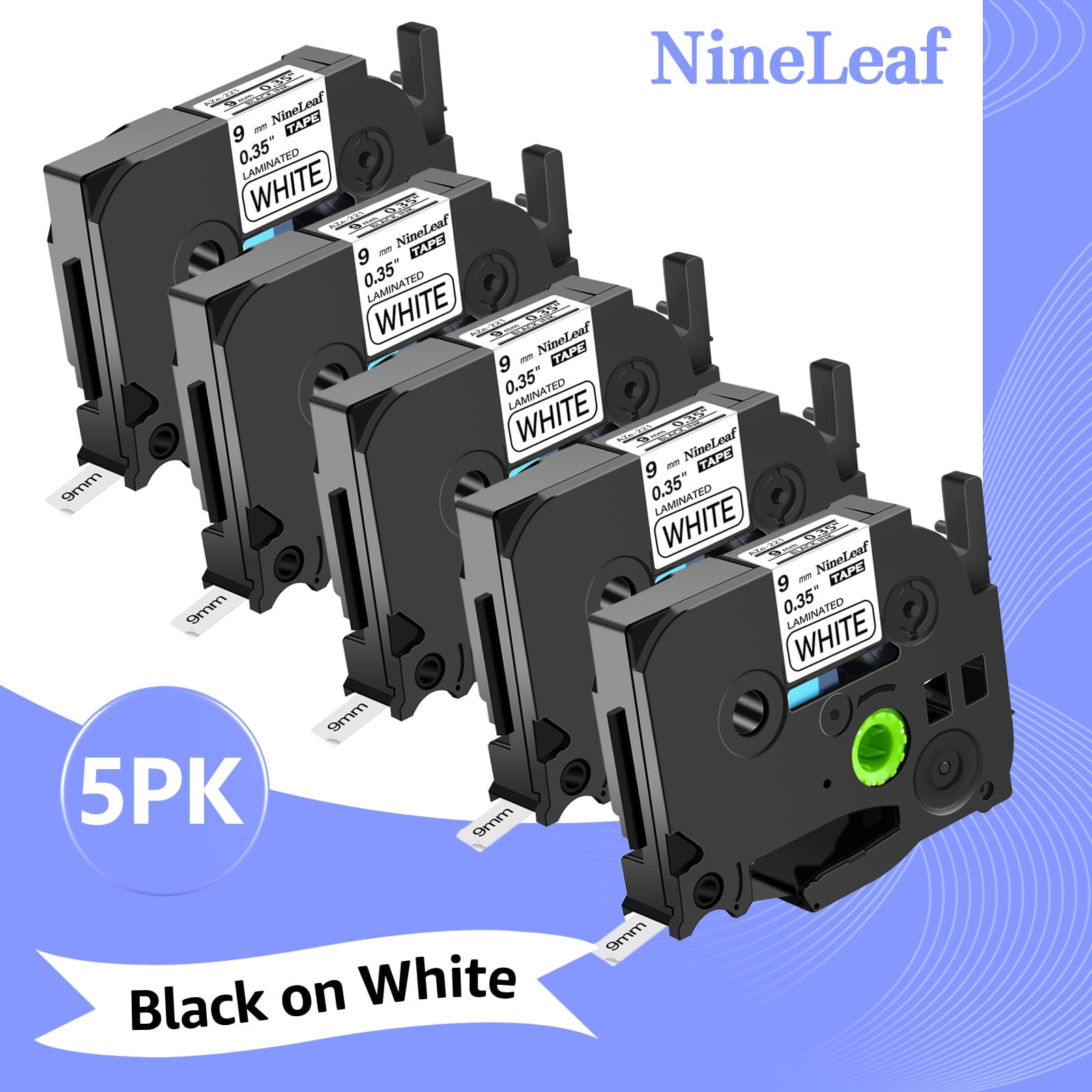 NineLeaf 5 Pack Compatible for Brother P-touch TZe-221 TZe221 TZ-221 TZ221 9mm 3/8 White Laminated Label Tape 0.35" x 26.2 ft (9mm x 8m)